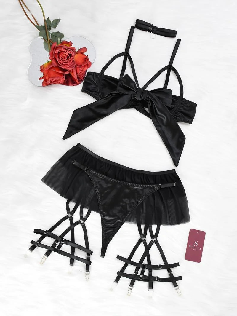 Women's 6pcs Sexy Silk Bow Front Push Up Bra Lingerie Set