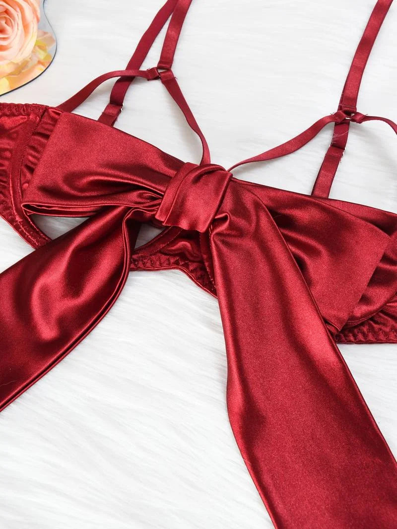 Women's 6pcs Sexy Silk Bow Front Push Up Bra Lingerie Set