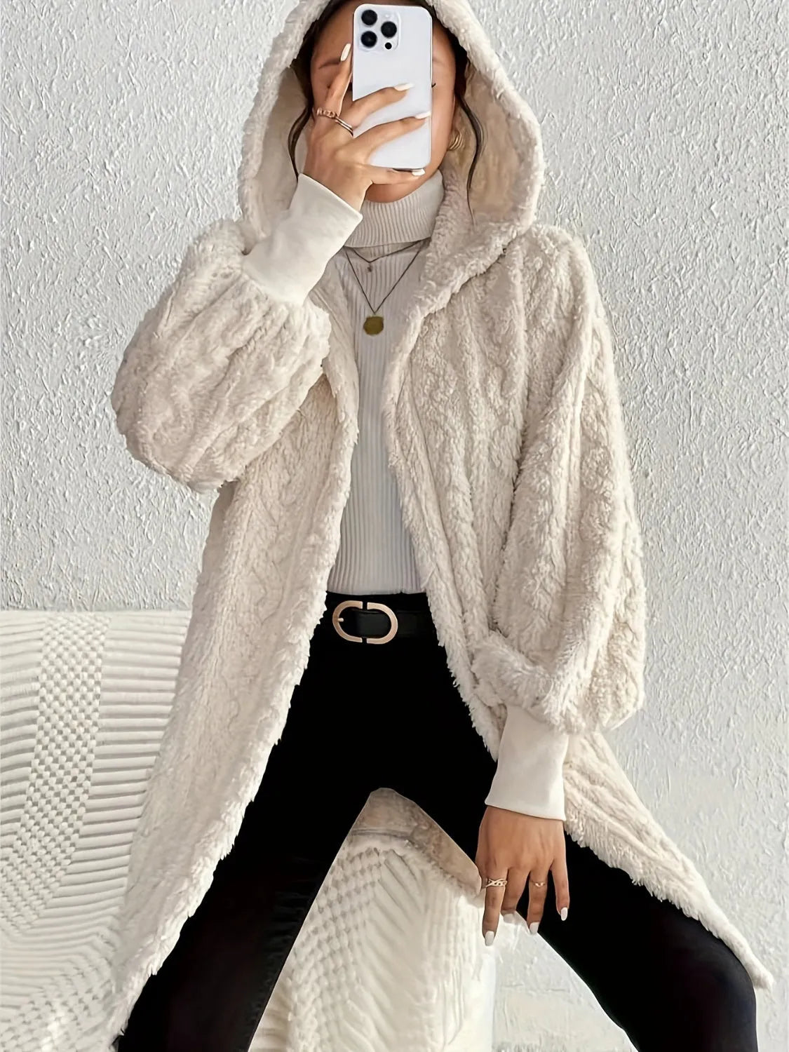 Women's Plush Fleece Soft Midi Jacket with Pockets