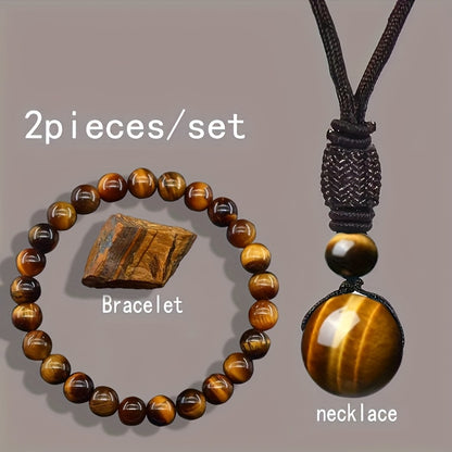 Round Natural Tiger Eye Stone Necklaces Bracelet for Men And Women