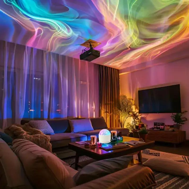 2 Scene -Aurora & 3D Water Ripple Projector Light-16-Color Round Lamp with Control